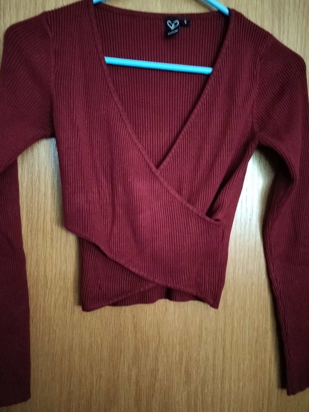 Windsor Ribbed Faux Wrap Crop Top - Burgundy, Sz S